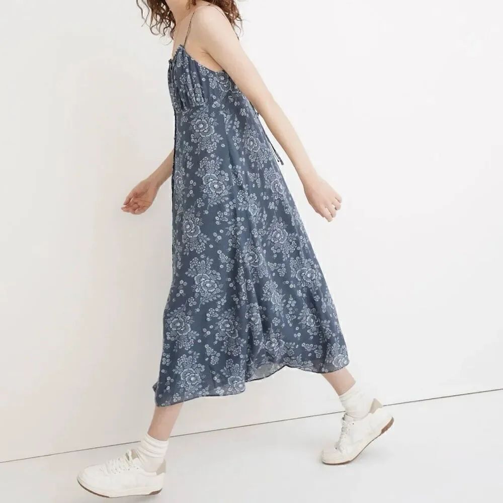 Madewell Blue Tie-Back Button-Front Midi Dress in Archival Floral Size 0
